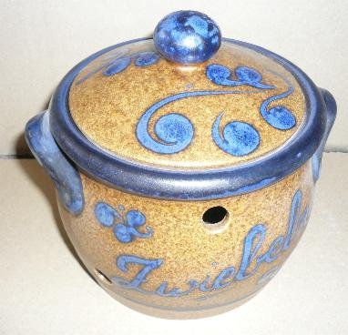Zwiebeltopf aus Keramik Inhalt: 1,00 Ltr. Dekor braun-blau