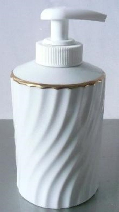 Seifenspender aus Porzellan gerillt weiß mit goldstaffage