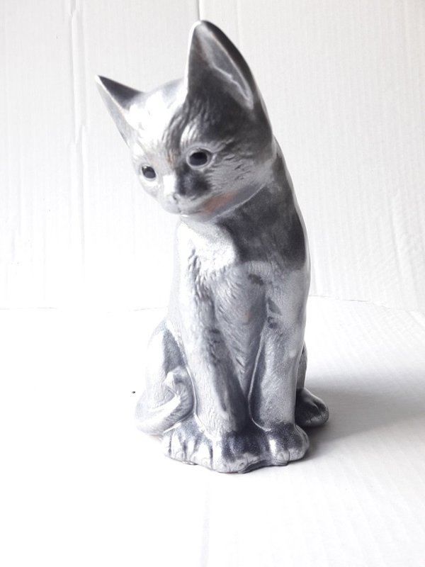 Tierurne aus Keramik in Form einer Katze Dekor grau-metallic